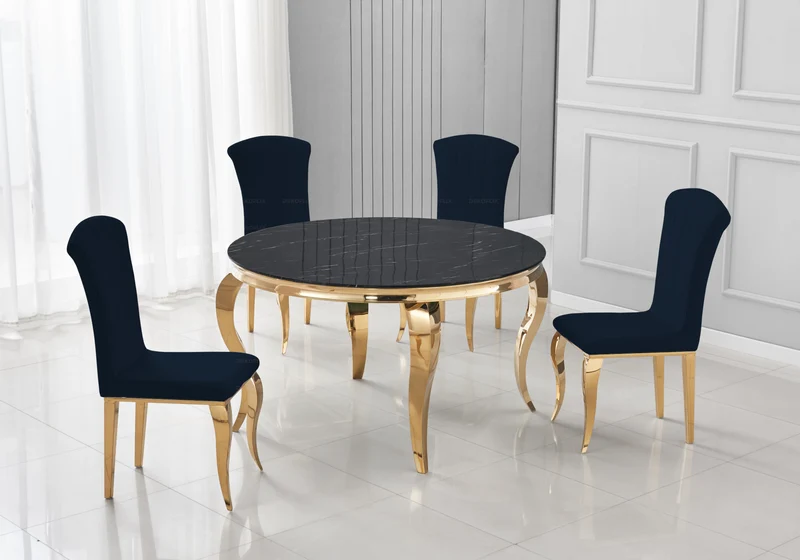 Table ronde marbre noir et 4 chaises velours or – Neo