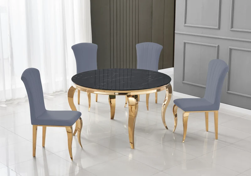 Table ronde marbre noir et 4 chaises velours or – Neo
