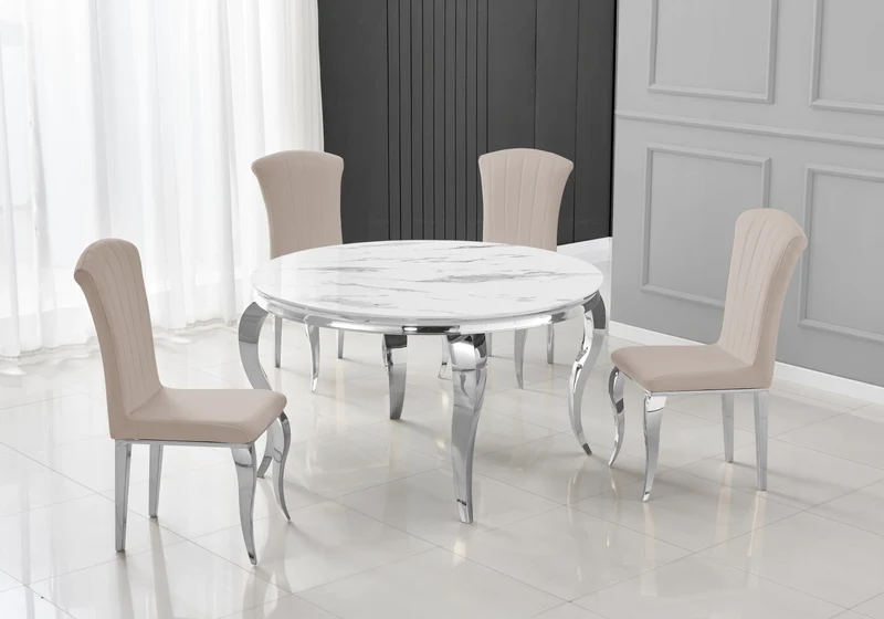 Table ronde marbre blanc et 4 chaises argent – Neo