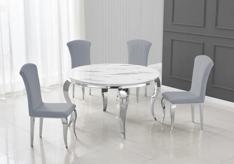Table ronde marbre blanc et 4 chaises argent – Neo