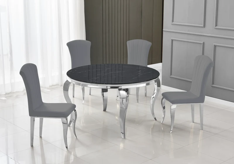 Table ronde marbre noir et 4 chaises argent – Neo