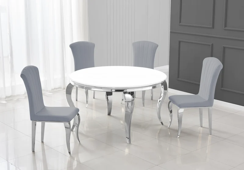 Table ronde verre blanc et 4 chaises argent – Neo