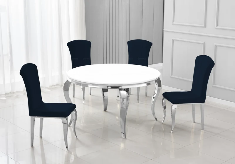 Table ronde verre blanc et 4 chaises argent – Neo