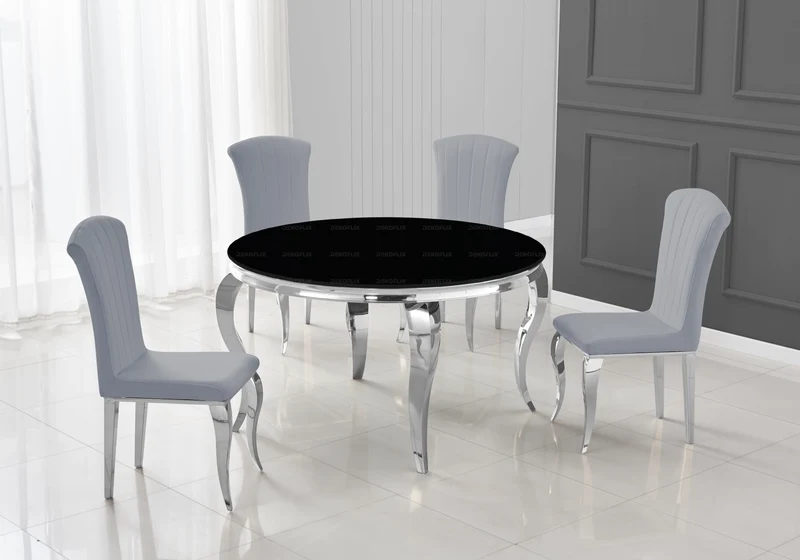 Table ronde verre noir et 4 chaises argent – Neo