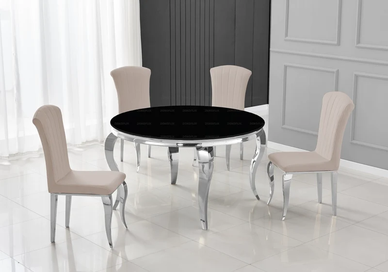 Table ronde verre noir et 4 chaises argent – Neo