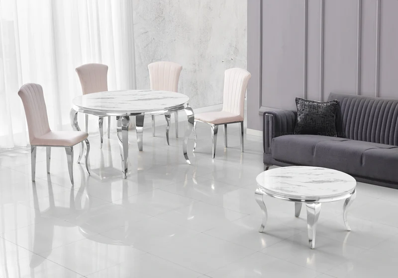 Table basse ronde marbre blanc pieds argent - Neo