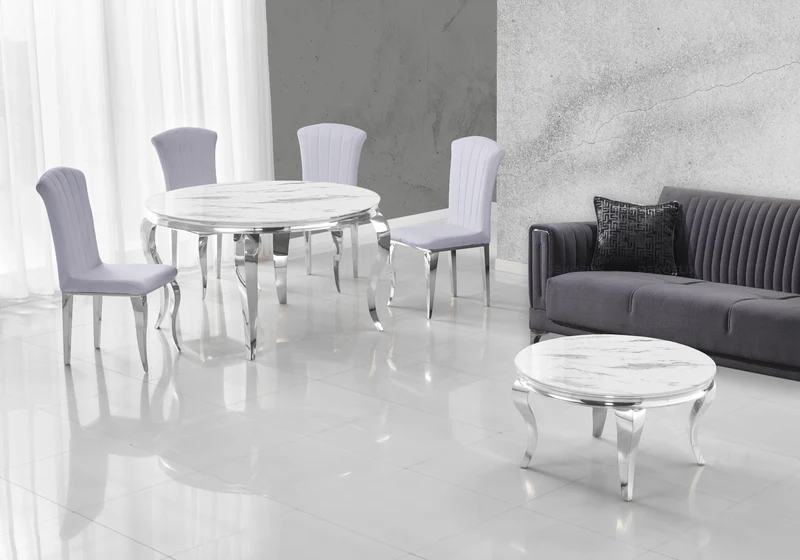 Salle à manger ronde marbre blanc argent – Neo