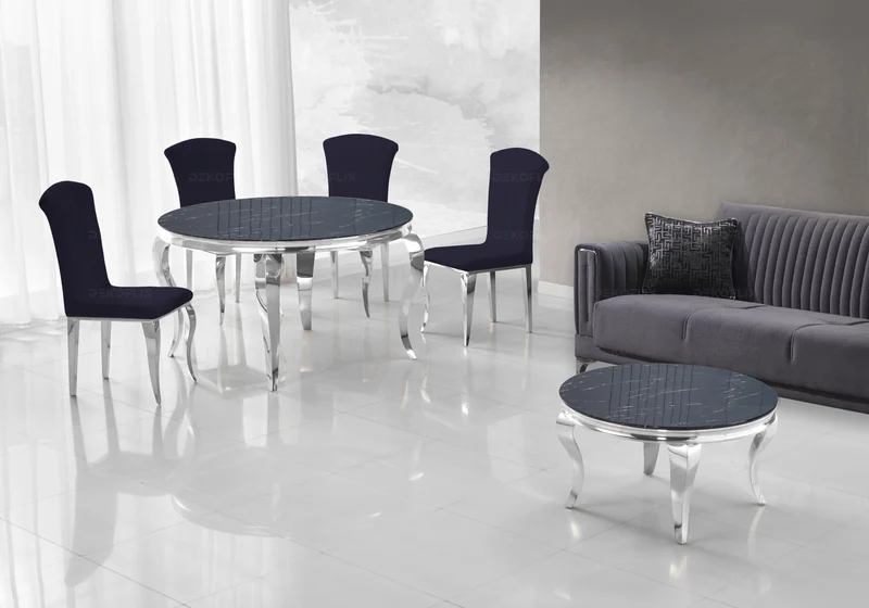 Salle à manger ronde marbre noir argent – Neo