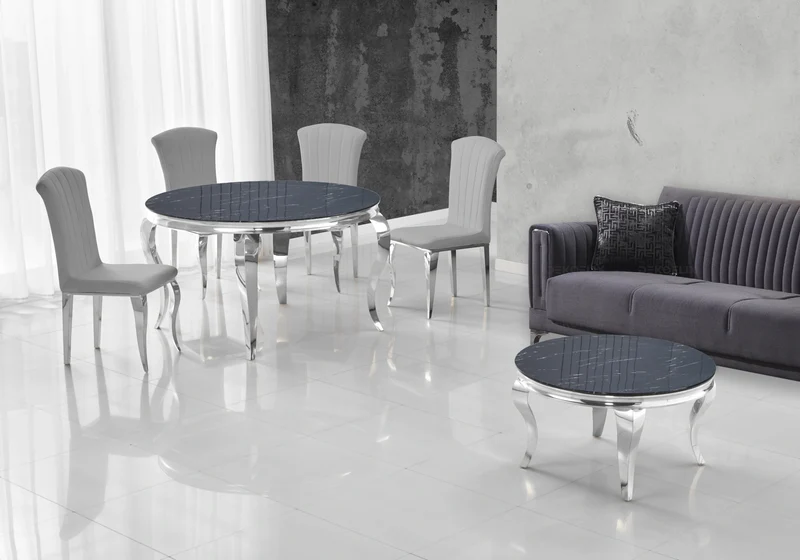 Salle à manger ronde marbre noir argent – Neo