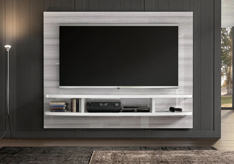 Meuble TV mural gris argent et blanc design - Mia