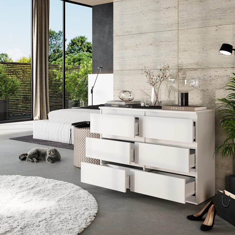 GABRIEL - Commode 6 Tiroirs - Buffet de Chevet - H71 cm L100 cm P33 cm (Blanc)