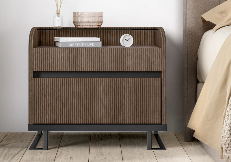 Table de nuit bois rainuré & marbre – Hexagon