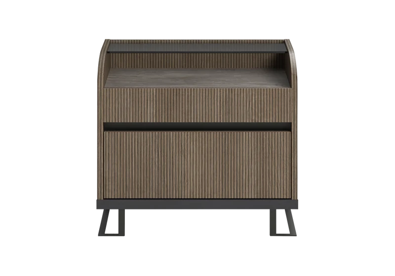 Table de nuit bois rainuré & marbre – Hexagon