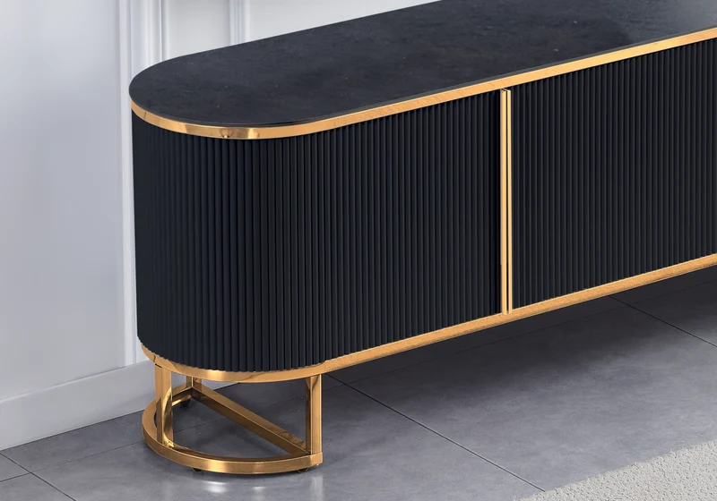 Meuble TV ovale cannelé marbre noir doré - Nalia
