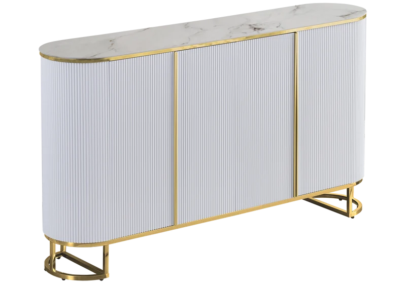 Buffet ovale cannelé marbre beige doré - Nalia
