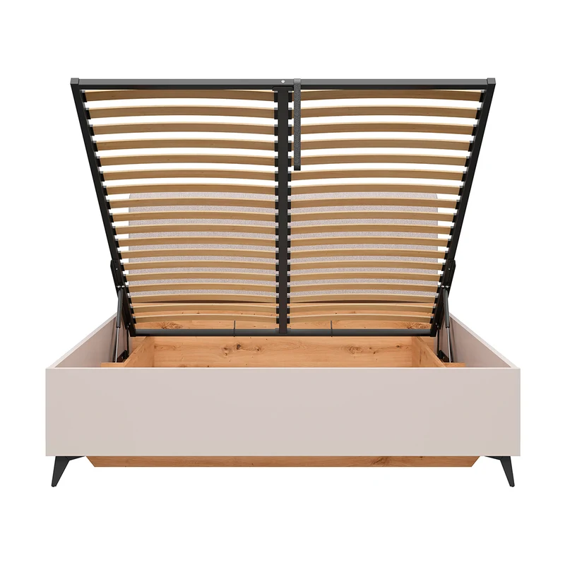 Lit coffre 160x200 sommier inclus ouverture de face Vicky Cachemire et Bois