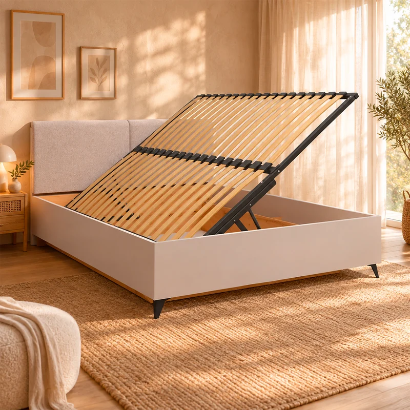 Lit coffre 160x200 sommier inclus ouverture de côté Vicky Cachemire et Bois