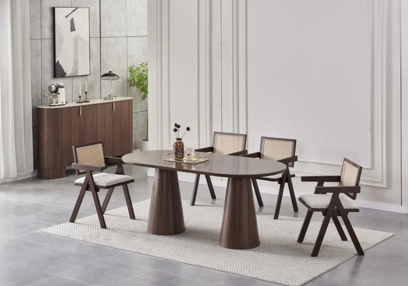 Ensemble table et chaises noyer cannage - Monza