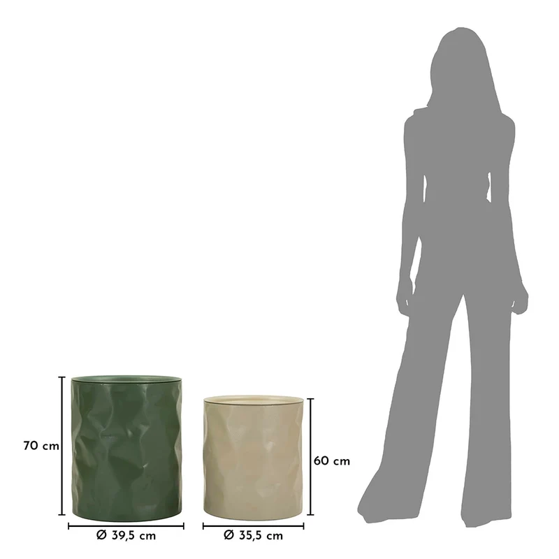 Lot de 2 bouts de canapé 39 cm et 35 cm métal froissé Kiera Vert et Taupe