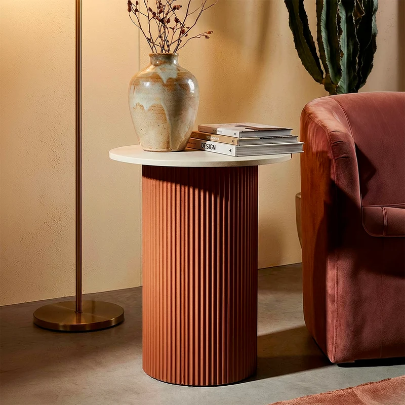 Bout de canapé 35 cm effet marbre Frieda Terracota et Blanc