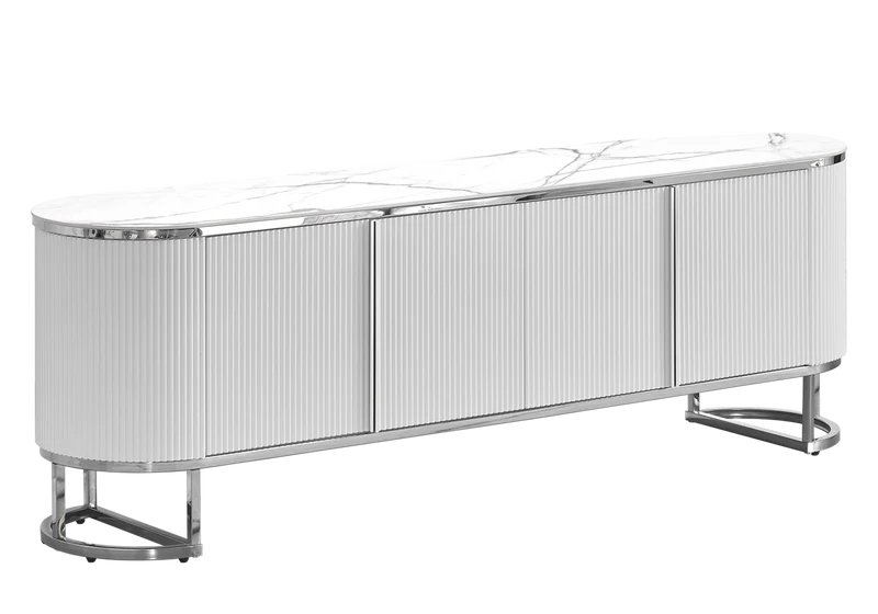Meuble TV ovale cannelé marbre blanc chromé - Nalia