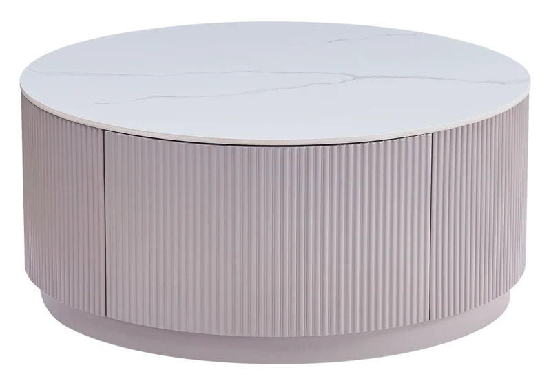 Table basse ronde marbre blanc bois avec tiroirs - Lucia