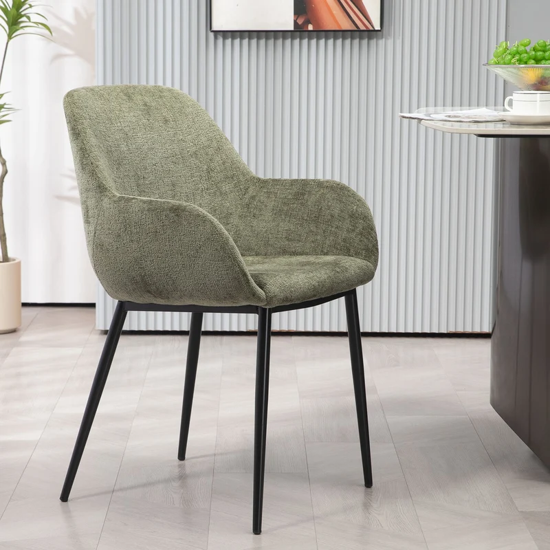 Chaise repas avec accoudoirs tissu chenille kaki pied métal