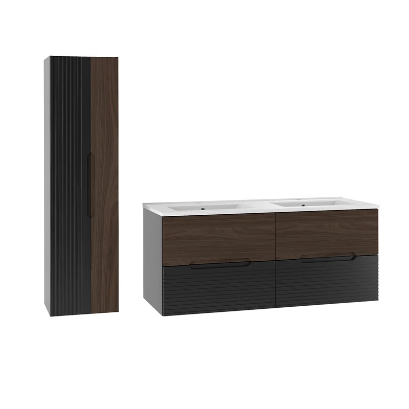 Ensemble meuble double vasque encastrée 120cm et colonne Sylla Noir et bois