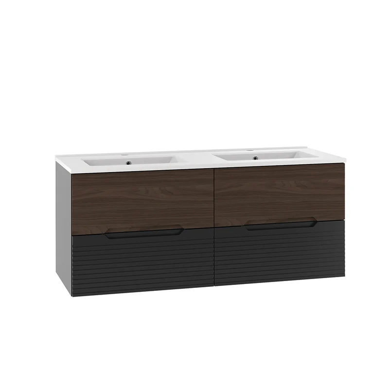 Ensemble meuble double vasque encastrée 120cm et colonne Sylla Noir et bois