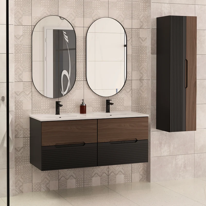 Meuble double vasque encastrée 120cm Sylla Noir et bois