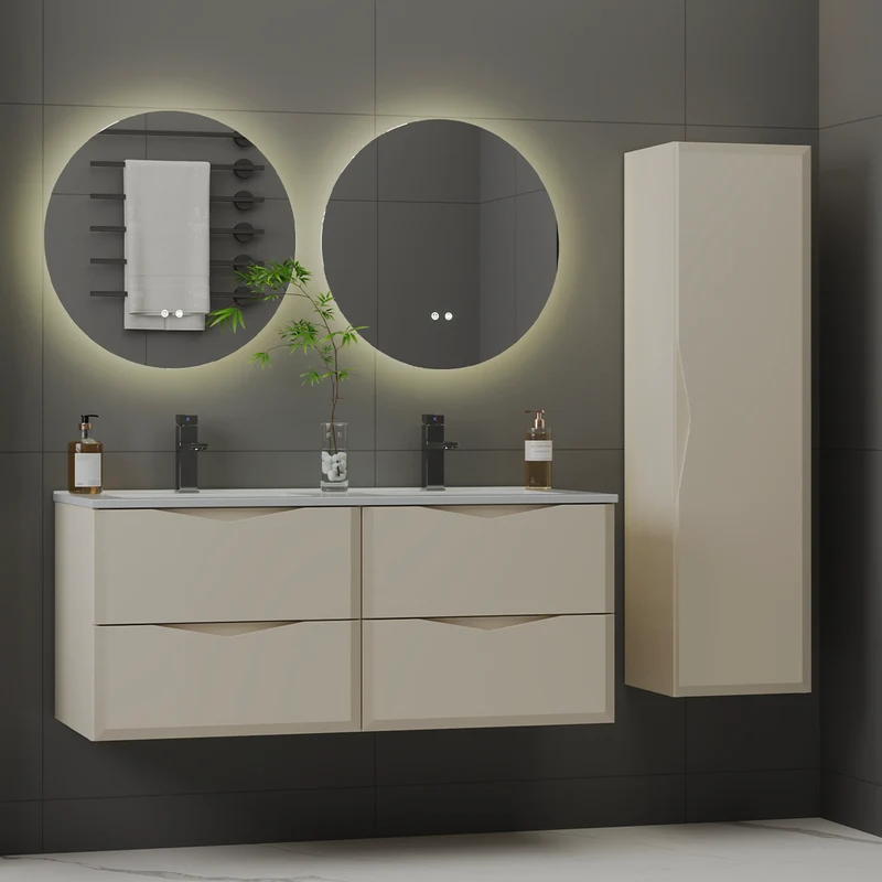 Ensemble meuble double vasque encastrée 120cm et colonne Ellie Cachemire