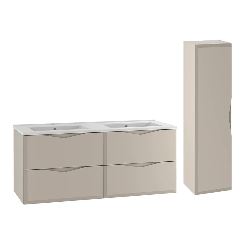 Ensemble meuble double vasque encastrée 120cm et colonne Ellie Cachemire
