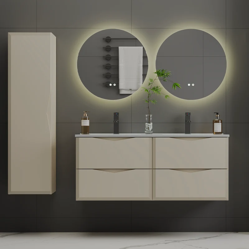 Ensemble meuble double vasque encastrée 120cm et colonne Ellie Cachemire