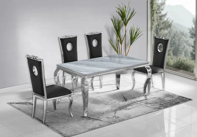 Ensemble table marbre gris et 4 chaises argent – Neo