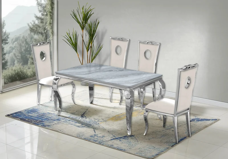 Ensemble table marbre gris et 4 chaises argent – Neo