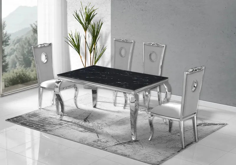 Ensemble table marbre noir et 4 chaises argent – Neo