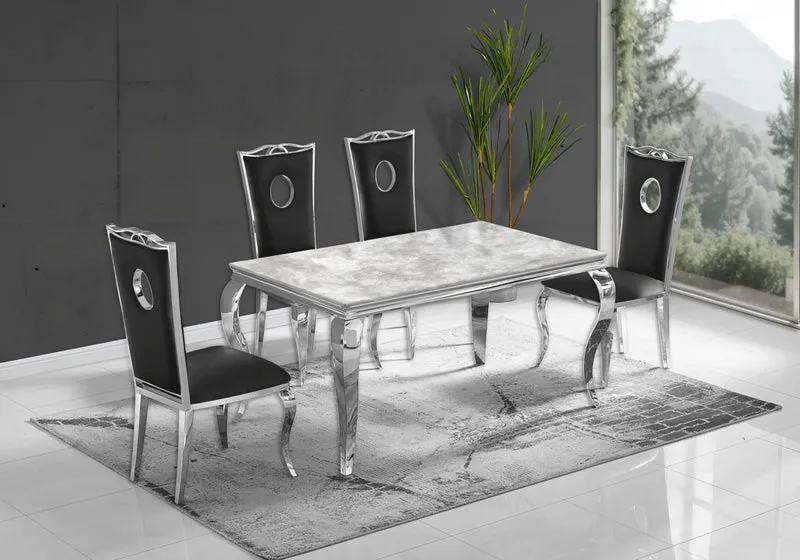 Ensemble table marbre beige et 4 chaises argent – Neo