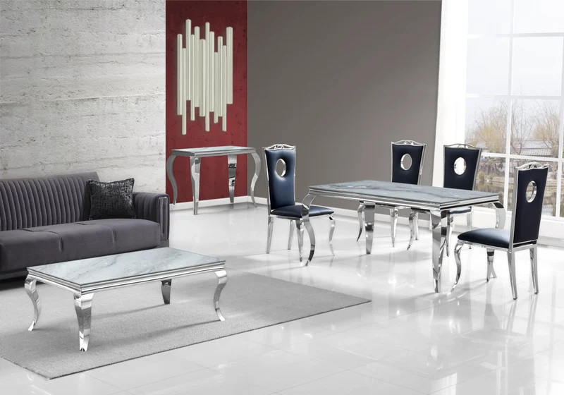 Salle à manger complète marbre gris argent – Neo