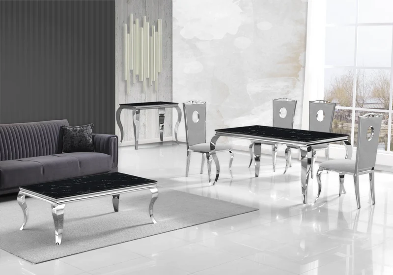Salle à manger complète marbre noir argent – Neo