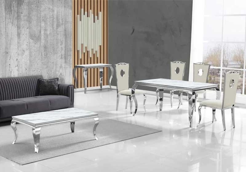 Salle à manger complète marbre blanc argent – Neo