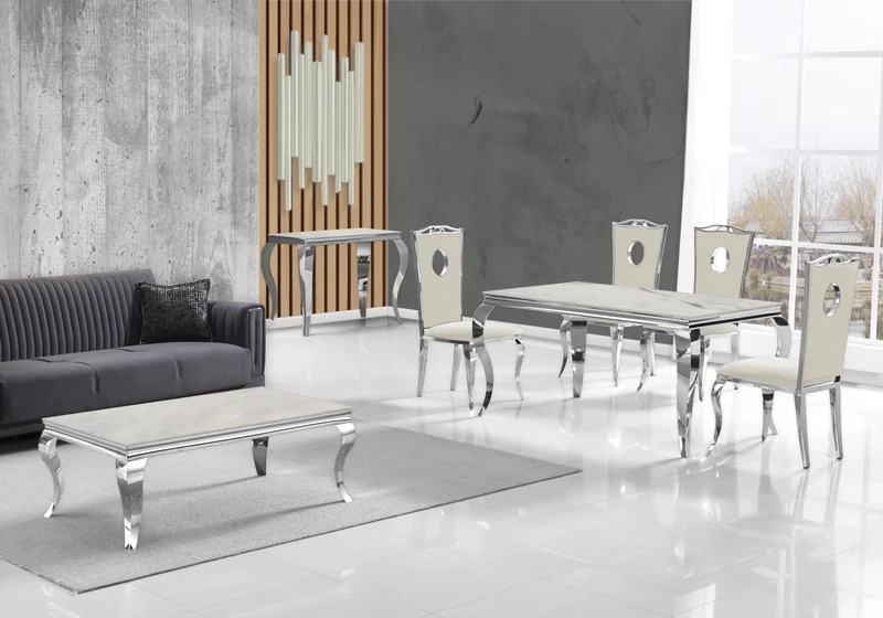 Salle à manger complète marbre beige argent – Neo