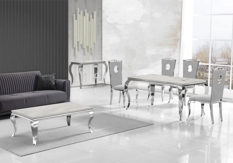 Salle à manger complète marbre beige argent – Neo