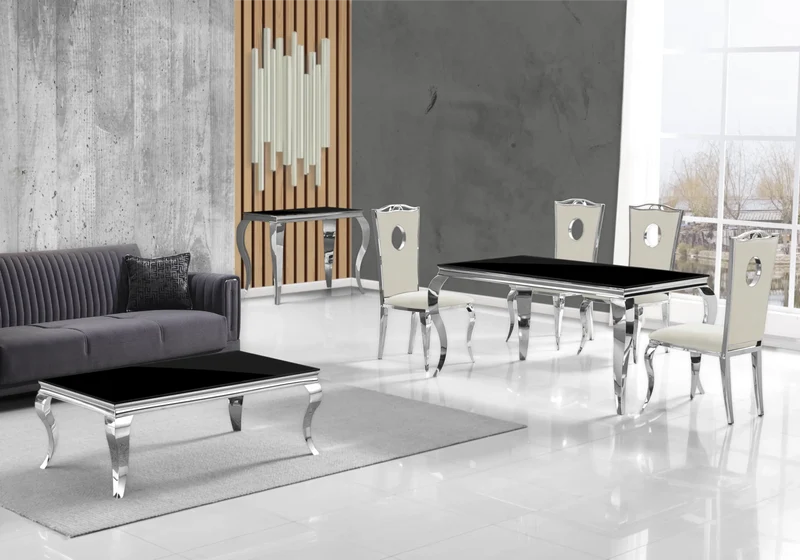 Salle à manger complète verre noir argent – Neo