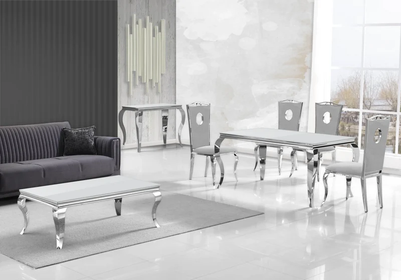 Salle à manger complète verre blanc argent – Neo