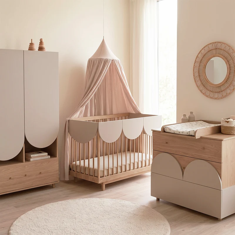 Lit évolutif 70x140 et commode 3 tiroirs Wood Luck Bloom Cachemire et Bois
