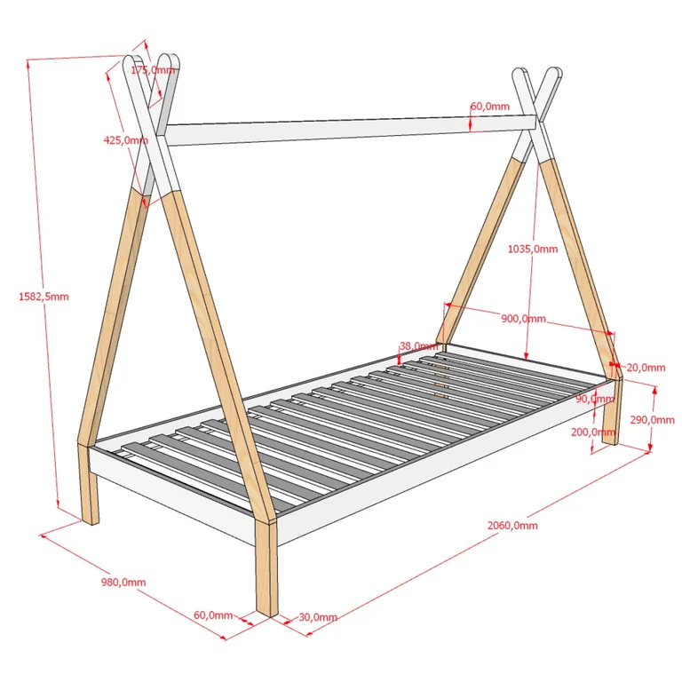 Lit tipi 90x200 sommier inclus Vipack - Bois et blanc