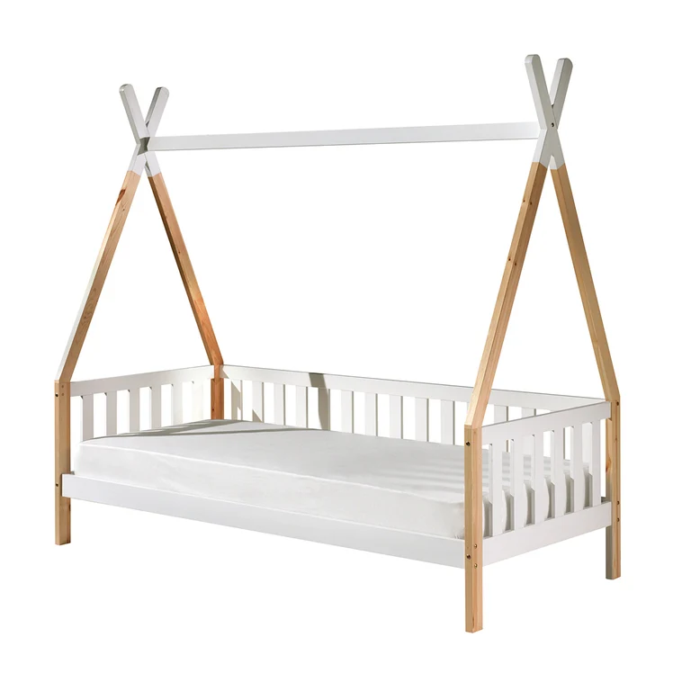 Lit tipi barrière 90x200 sommier inclus Vipack - Bois et blanc