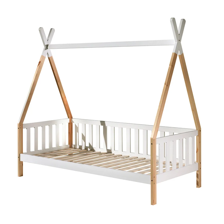 Lit tipi barrière 90x200 sommier inclus Vipack - Bois et blanc