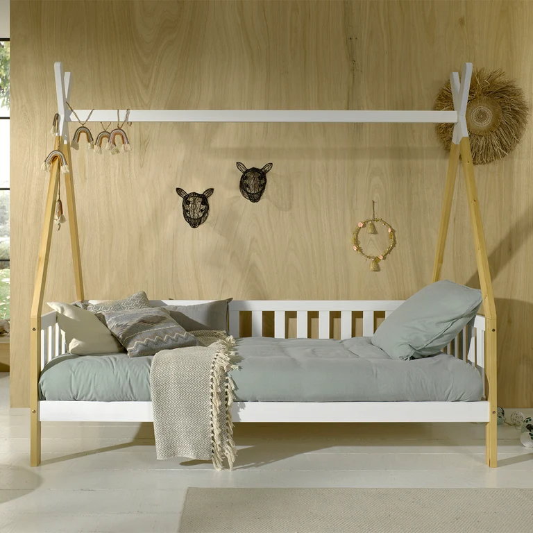 Lit tipi barrière 90x200 sommier inclus Vipack - Bois et blanc
