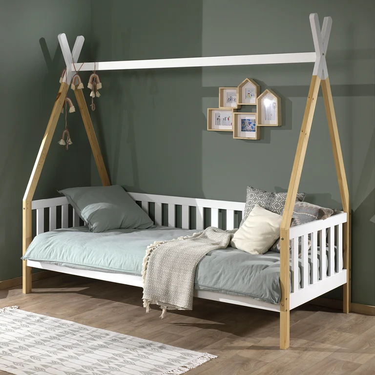 Lit tipi barrière 90x200 sommier inclus Vipack - Bois et blanc